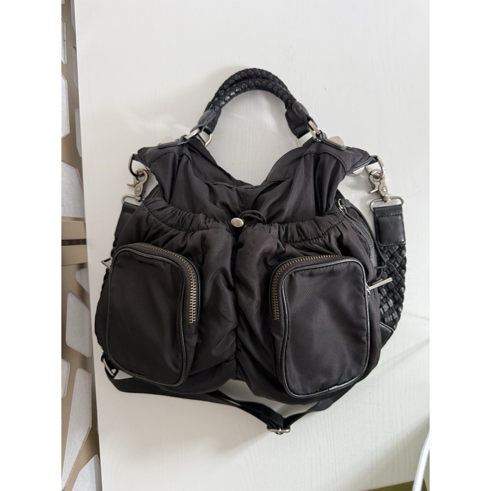LAMB L.A.M.B. Gwen Stefani Black Leather Nylon Zip Hobo Bag Braided Handles Y2K